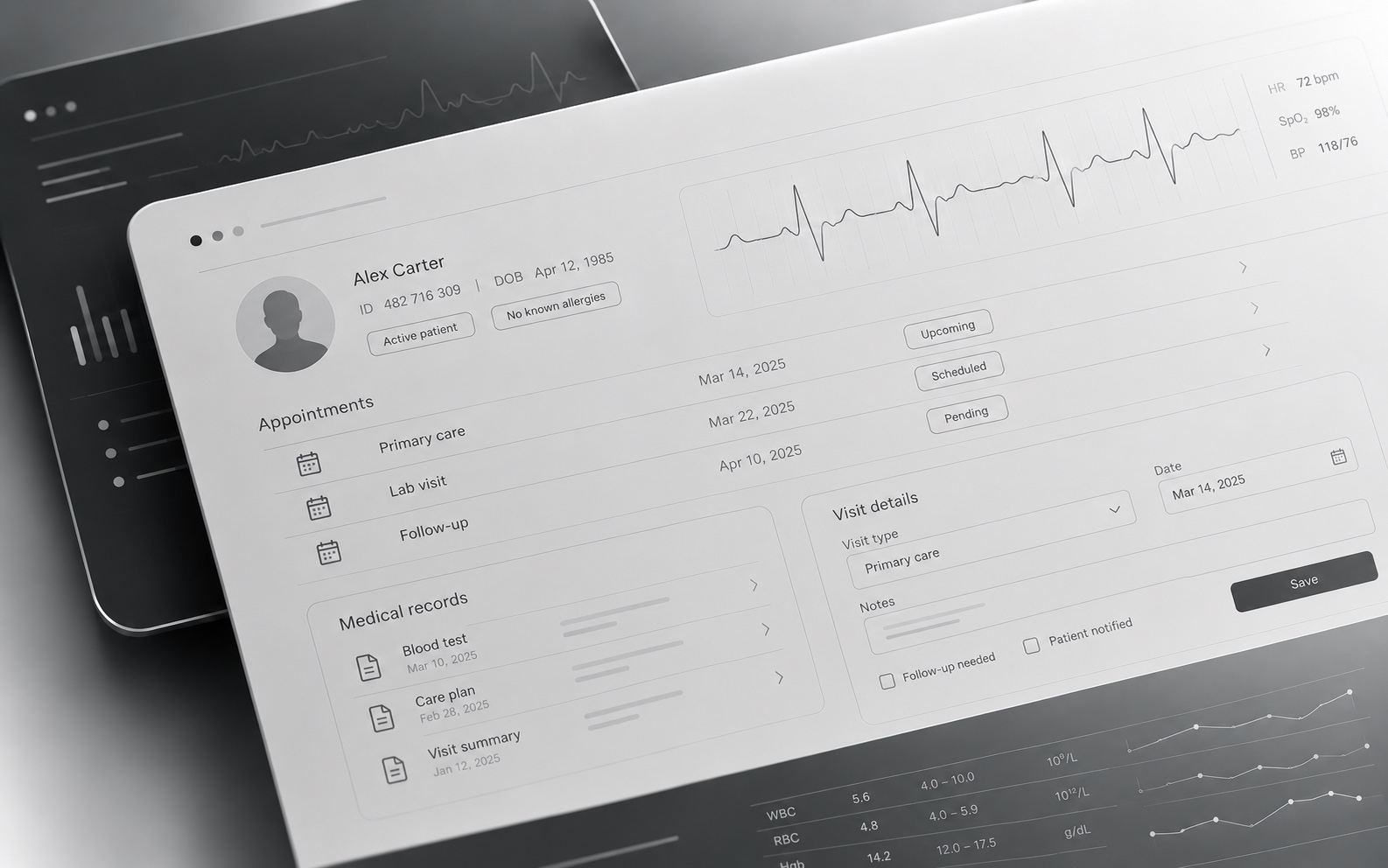 Healthcare interface concept: layered silver and graphite panels with appointments, medical records and a visit form