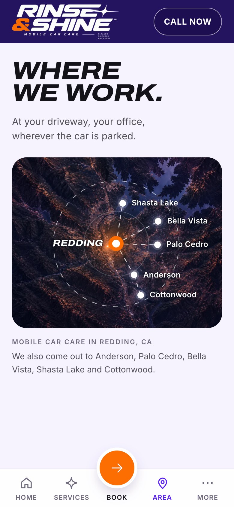 RINSE & SHINE website, phone view: the service area around Redding on a map