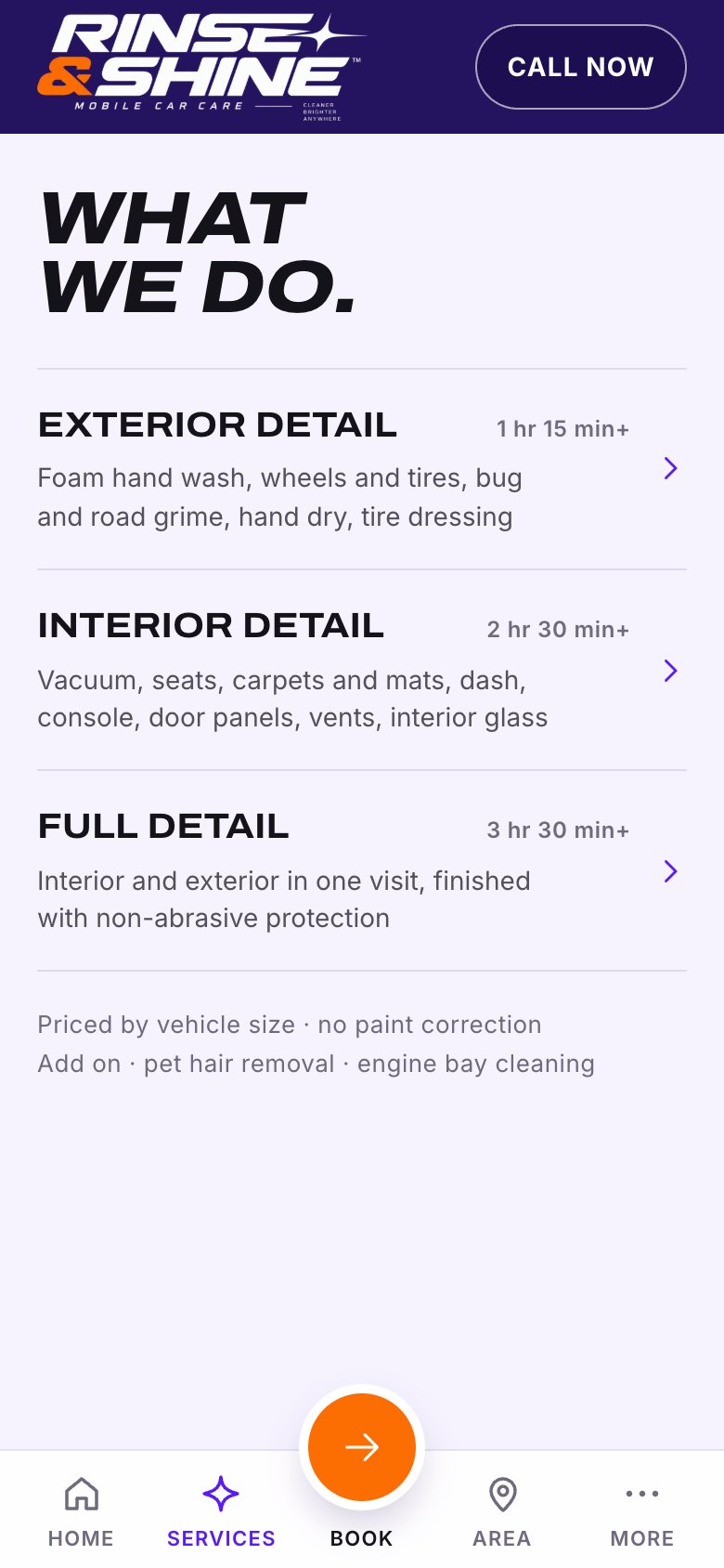 RINSE & SHINE website, phone view: three services with their duration