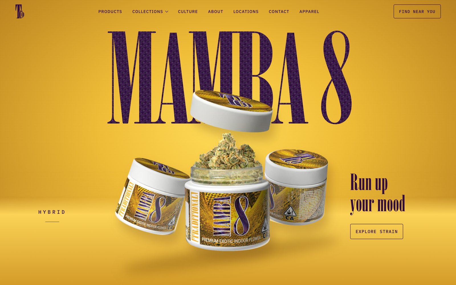 Traditional website, the Mamba 8 product page: the strain name over three branded jars on yellow