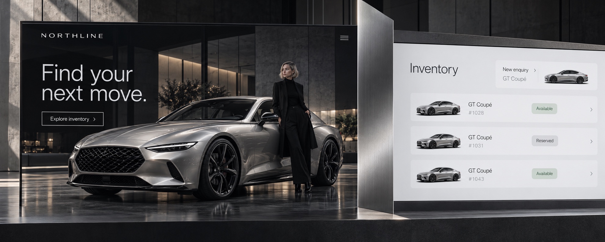Illustrative dealer website concept with a silver car and a woman in a graphite showroom, alongside the team's inventory workspace