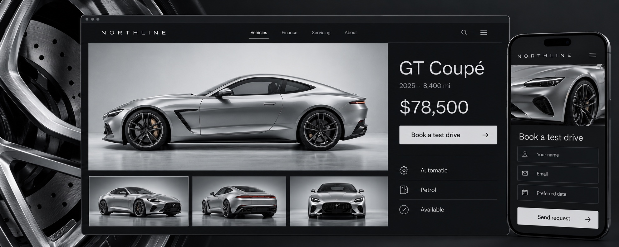 Illustrative vehicle page with a silver GT coupe, photo gallery, sample price and a mobile test-drive request form, framed by a machined alloy wheel