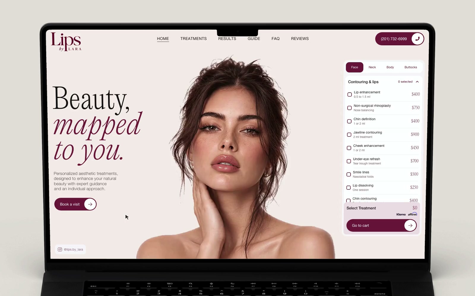 Lips by Lara website: selecting a facial treatment, completing the treatment builder, switching to Body and exploring the site.