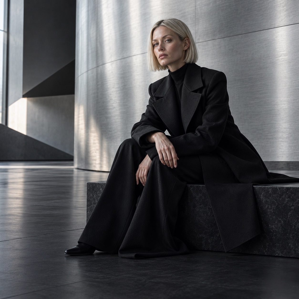 A fashion editorial with a sculptural black silhouette in a silver architectural setting.