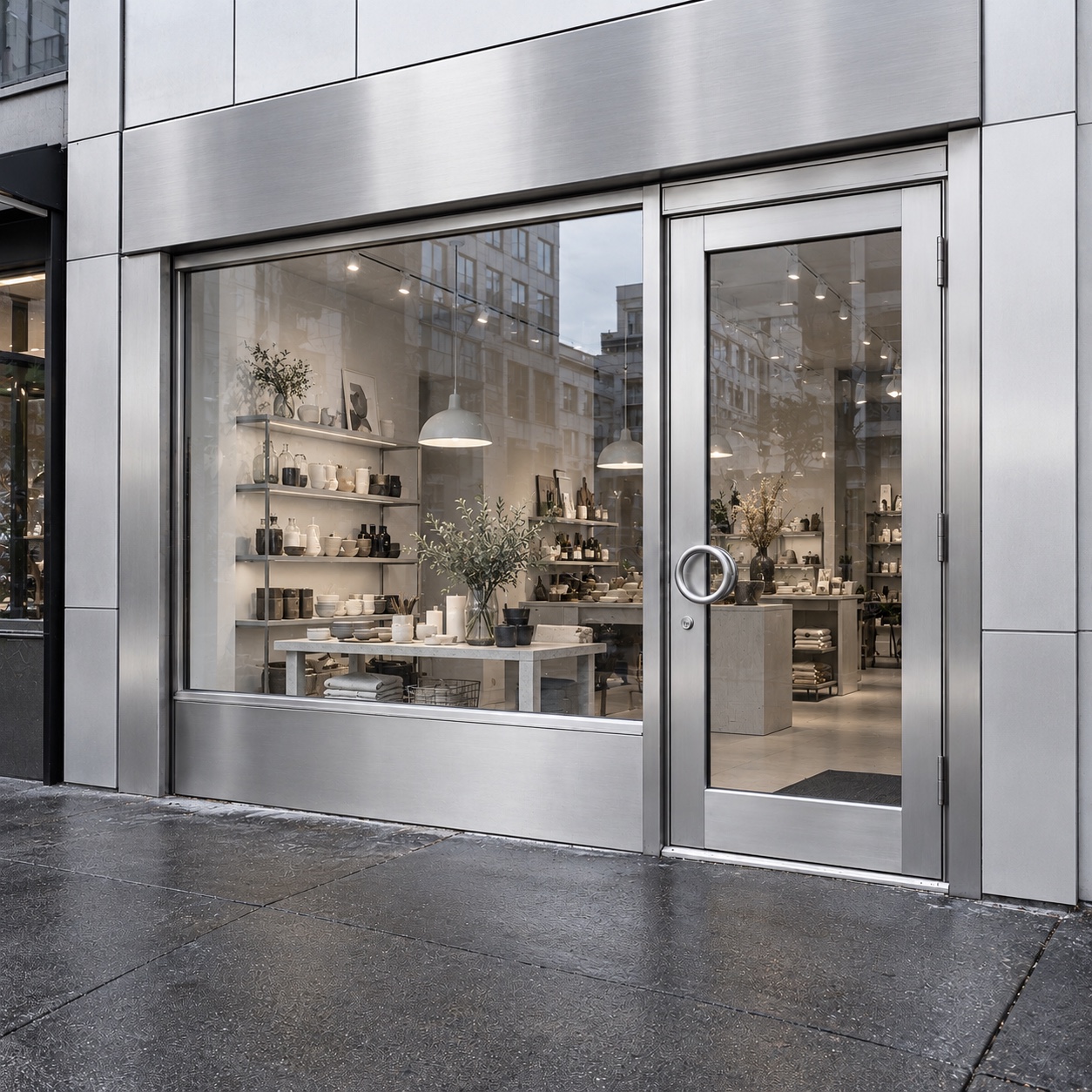 An urban storefront with brushed silver panels and cool city reflections in the glass.
